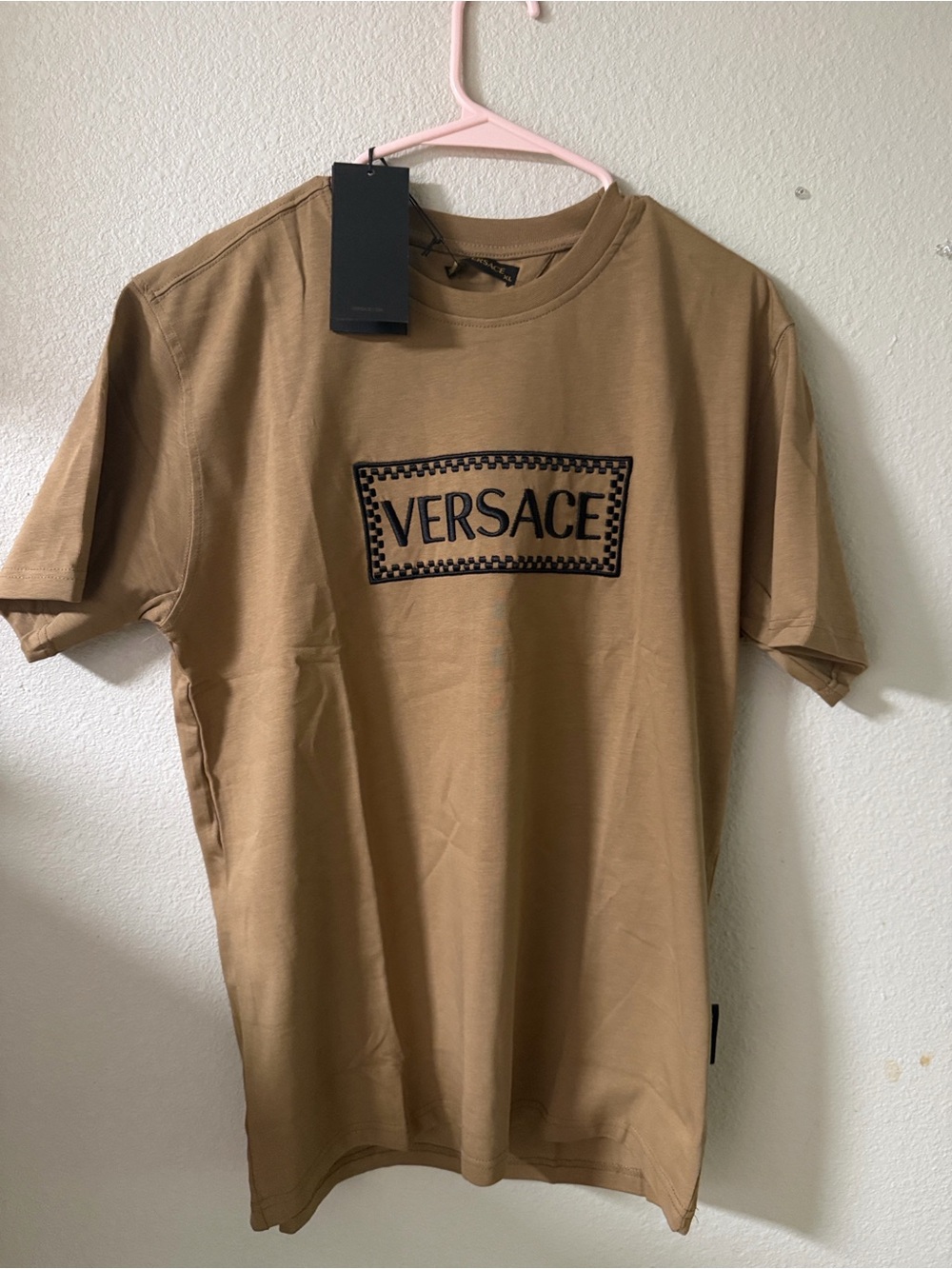 Versace Men's Tan Crew Neck Logo Tee with Black Embroidery - Picture 2 of 4